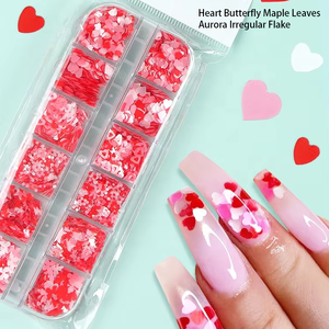 12 Grilles Boîte Holographique Valentine Coeur Papillon Feuilles D'érable Aurora Irrégulier Flocon 3D Décoration Nail Art Paillettes - Product Image 2