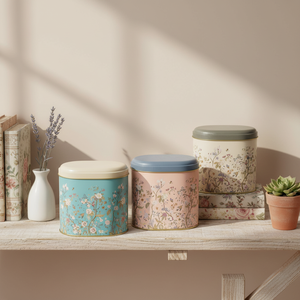 Kontensan Oval Metal <b>Storage</b> <b>Box</b> Set 140 X 120 X 130 mm 1.4L (Set of 3) Floral Design Pastel <b>Blue</b> Botanica Design - Product Image 3