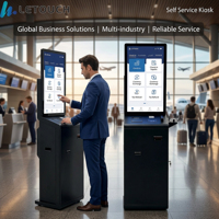 Quiosco de Autoservicio para Aeropuertos con Pantalla Grande de 32 Pulgadas y Alta Resolución, Consulta de Información de Vuelos, Impresión de Boletos, Escaneo de Pasaportes y Reconocimiento Facial