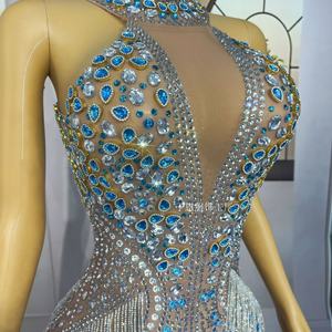 लक्जरी मत्स्यांगना फर्श-लंबाई वाली पार्टी पोशाक में महिलाओं के लिए स्पार्कल क्रिस्टल चेन जाल श्रृंखला जाल जाल - Product Image 3