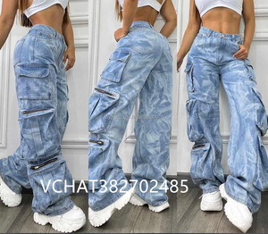 Pantalones Vaqueros <span class=keywords><strong>Cargo</strong></span> de Moda al por Mayor para <span class=keywords><strong>Mujer</strong></span>, de Color Liso, Talla Grande, de Cintura Alta, con Múltiples Bolsillos, Informales, de Mezclilla - Product Image 3