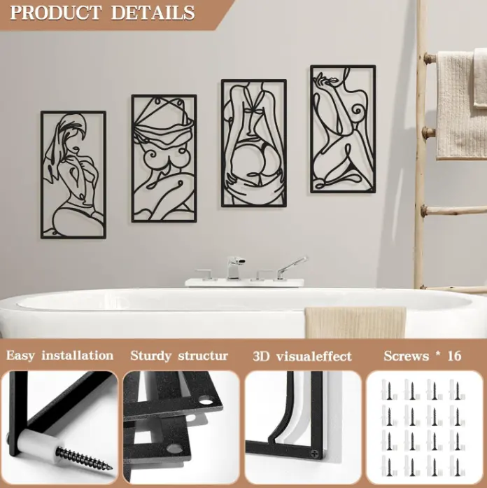 Customized laser cut metal mural with abstract and minimalist female body lines bathroom wall painting