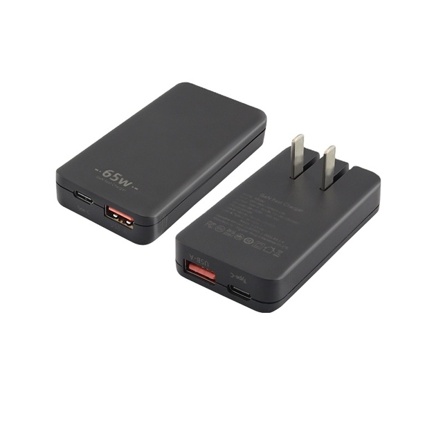 65W Ultra Slim Gan Flat USB C Wall Charger Dual Port Folding Travel Charger for Laptop Mobile Phones SCP Function OTP Protection