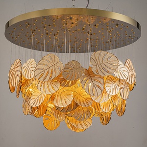 Luminaires <span class=keywords><strong>de</strong></span> projet, lustres personnalisés, LED, métal, feuilles <span class=keywords><strong>de</strong></span> <span class=keywords><strong>palmier</strong></span> dorées, <span class=keywords><strong>luminaire</strong></span> <span class=keywords><strong>de</strong></span> plafond pour hall d'hôtel, villa - Product Image 2