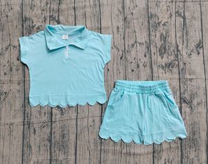 GSSO3376 Tenues d'été personnalisées pour petite fille, imprimé cyan uni, vente en gros, ensemble de vêtements pour enfants, pyjama à manches courtes pour fille - Product Image 1