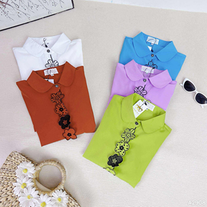 7 days Delivery Time Women Short Sleeve <b>Shirt</b> with Floral Applique <b>Office</b> Casual Solid Top All Seasons Female Vietnam Woven - Product Image 5