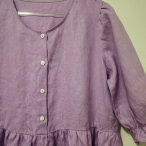 Abito per Bambine in Cotone e Lino Tinta Unita con Maniche Corte e Polsini Arricciati - Product Image 2