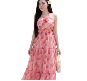 Robe longue en mousseline de soie à motif tulipe, style coréen, sans manches, col fleuri, volants superposés, fluide, bohème, pour femmes - Product Image 1