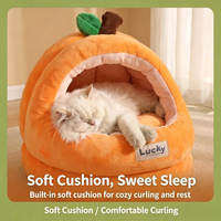 Lit pour chat en forme de citrouille orange pour intérieur, tente semi-fermée pour animaux de compagnie avec coussin en coton amovible et lavable, canapé-lit en peluche pour chats et chiens