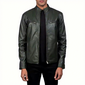 Veste en cuir véritable vert pour homme, col montant, double fermeture éclair sur la poitrine, en peau de mouton, couleur olive foncé, style Cafe Racer, veste de motard personnalisée, vêtement d'extérieur d'hiver - Product Image 1
