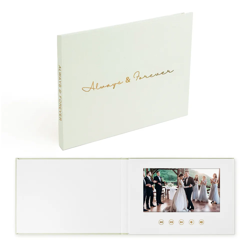 Always Forever personnalisé 7 pouces IPS lcd livre vidéo de mariage Linen Bound Wedding Video Album et batterie rechargeable