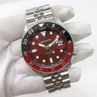 Montre mécanique automatique GMT pour hommes, lunette rouge et noire, cadran bordeaux, bracelet en acier inoxydable, étanche 10ATM, montre de plongée