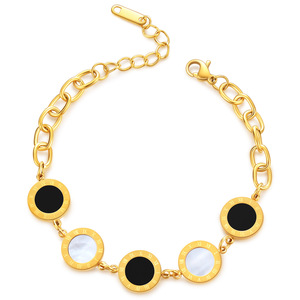 Pulsera de Cadena de Moda de 12 mm con Números Romanos Incrustados, Concha Negra y Blanca, Tono Dorado, Regalo de Joyería - Product Image 1