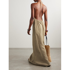 Летнее повседневное льняное хлопковое платье с воротником-хомутом и открытой спиной, сексуальное вечернее платье в пол, без рукавов, дышащее натуральное платье спереди - Product Image 1