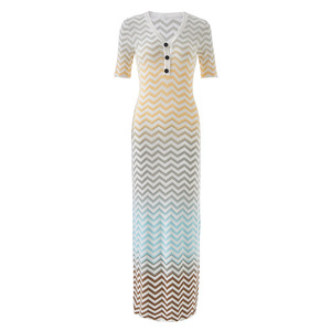 Vestido Casual de Punto de Alta Calidad para Mujer, Color Degradado, Patrón Geométrico, Botones, Corte Recto Elegante, Cuello en V, Manga Corta - Product Image 4