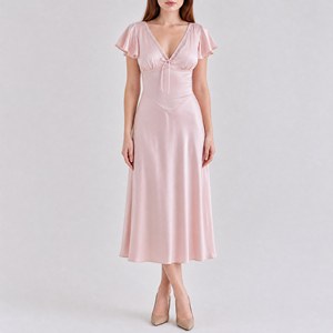 Robe midi en satin pour <span class=keywords><strong>femme</strong></span>, col en V profond, taille empire, style <span class=keywords><strong>chic</strong></span> pour soirée, aspect soie, fabrication sur mesure - Product Image 1