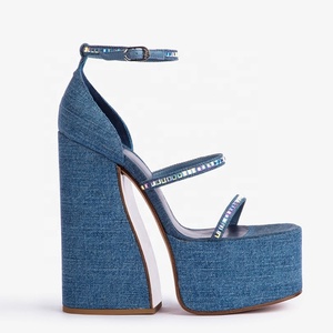 Mixed Rhinestone Denim <b>Sandals</b> Thick High Heel Thick Platform Summer Women's Dress Shoes Ankle Buckles Blue Pumps - Product Image 4