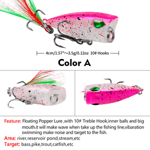 Leurre de pêche popper 43mm 4g 6 couleurs avec yeux 3D et hameçons à plumes triples, leurre de surface, appât dur - Product Image 3