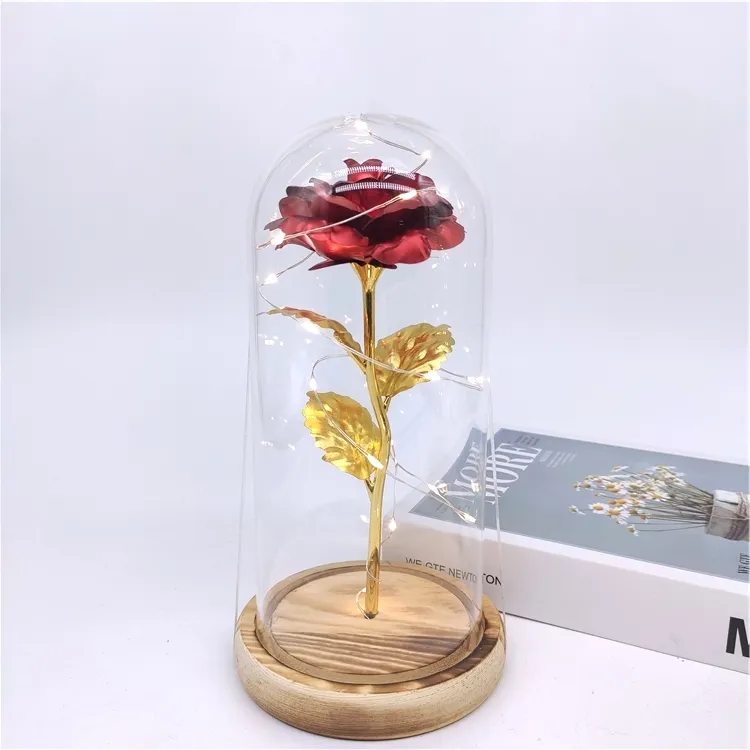 Sıcak satış zarif 24k altın folyo çiçek cam kubbe içinde gül