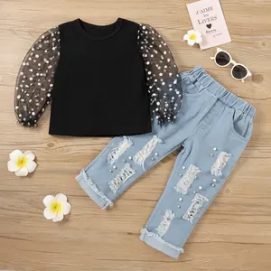 3-7 years old kids toddler Long sleeve girls black color T shirt top jeans suits baby set clothing