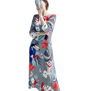 2024 Miyake summer new fashion women's round neck half-sleeved long dress printed floral elegant loose casual pleated dresses