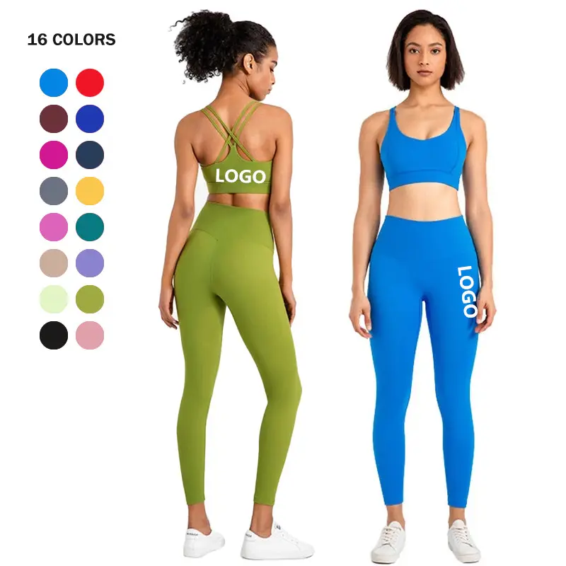 Personalizzato LuLu Quality Nude Feeling Women Gym Fitness Set stretto Cross Back reggiseno sportivo Top Leggings pantaloni Yoga Set 2 pezzi Suit