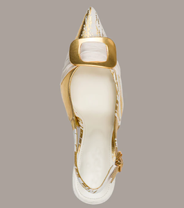 New Women's Fashion Elegant Slingback Pumps Pointed <b>Toe</b> <b>Closed</b> <b>Toe</b> Textile Upper with Gold Decoration Thin Heel for Party Office - Product Image 6