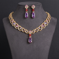 Set Perhiasan Kalung dan Anting Mewah untuk Pengantin, Berhiaskan Zirkonia Ungu Potongan Pir dengan Tataan Mikro Pave dan Rantai Melengkung, Cocok untuk Acara Malam, Pesta Prom, dan Kontes Kecantikan, dari Supplier Perhiasan