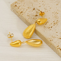 Boucles d'oreilles pendantes en forme de goutte d'eau côtelées en acier inoxydable 304 plaqué or 18 carats par placage sous vide, 32x10mm, texture poire, bijoux modernes en or pour femmes