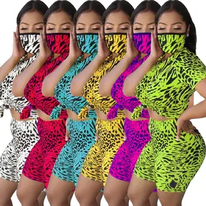 Wholesale 2022 fashion new summer women Leopard printed T-shirt and pants biker sports set two pieces with mask (CAJ4118)