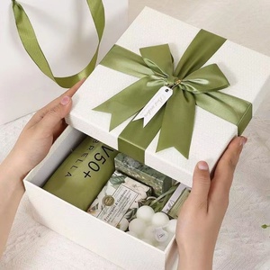 Custom Logo Wholesale White Luxury Cardboard Paper <b>Square</b> Gift Box With Green Ribbon - Product Image 2