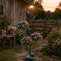 Support de pot de fleurs solaire à 3 paniers avec cadre en fer thermolaqué, paniers suspendus en fil métallique, écologique, durable, décoration de jardin extérieur