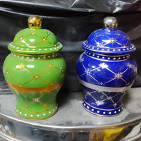 Pot à gingembre moderne avec couvercle Décoration d'intérieur Pot bleu et or Décoration Vase à rayures tendance pour la décoration