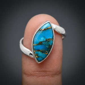 925 Solid Sterling Silver Copper Turquoise Gemstone Bezel Setting Party <b>Ring</b> Fine Jewelry for Women - Product Image 3