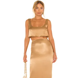 Sleeveless Crop Top Midi Skirt Satin Two Piece Co Ord Set Golden Hot Sale Customized Casual Summer Women