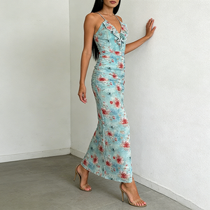 <span class=keywords><strong>Robe</strong></span> longue maxi moulante personnalisée <span class=keywords><strong>à</strong></span> col en V, volants, dos nu sexy, froncée, pour soirée, col licou, motif floral, fente haute - Product Image 3