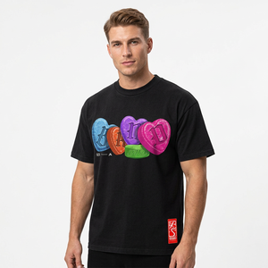 T-shirt à manches courtes surdimensionné pour homme avec imprimé cœur et logo frontal, col roulé formel, 100 % coton tricoté - Product Image 6