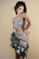 Top bustier Yulin révélant la taille, jupe courte sexy en dentelle, strass et paillettes, costume de performance pour défilé, soirée et boîte de nuit