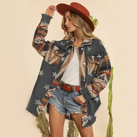 Veste en jean bleue à manches longues pour femmes occidentales Manteaux d'automne et d'hiver avec imprimé rétro d'étoiles aztèques Grande taille Simple boutonnage