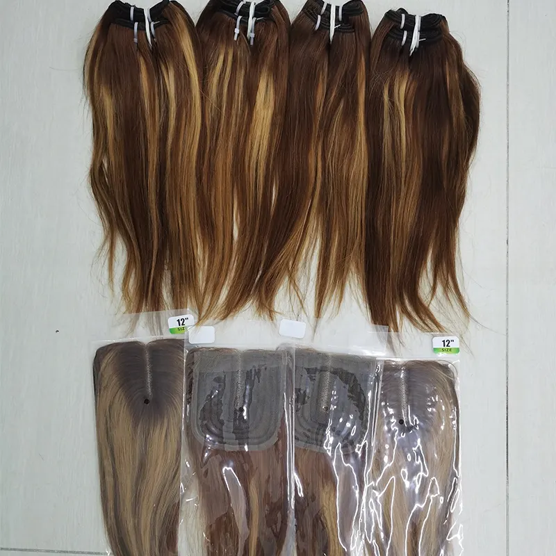 Letsfly Factory Price Hair Straight P4/27 Bundles with Machine Made Closure Brazilian Human Hair Wholesales Bulk Buy