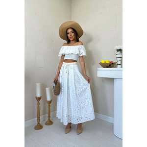 Ensemble haut et jupe en dentelle blanche bohème à épaules dénudées pour femme, tenue d'été respirante à manches courtes - Product Image 4