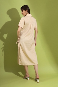 Robe chemise beige pour femme, robe midi décontractée à boutons, manches courtes, nœud sur le côté, tenue de bureau d'été - Product Image 4