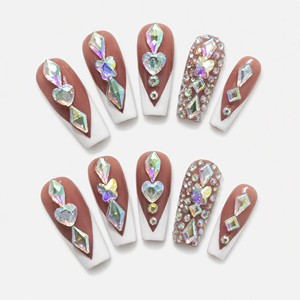 Faux ongles à presser en acrylique faits main, longs, forme cercueil, avec strass, couvrance totale, pour doigts - Product Image 3
