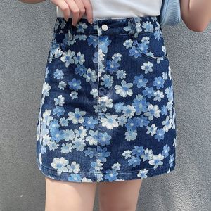 กระโปรงผ้ายีนส์ทรงเอไลน์สำหรับผู้หญิงขนาดใหญ่พิเศษกระโปรงผ้าฝ้ายสีน้ำเงินเข้มลายดอกไม้ N8079 - Product Image 2