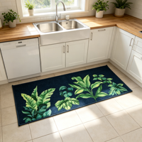 Plant Leaf Print Modern Minimalist Kitchen Runner Rug Anti-Slip Oil-Proof Stain Resistant Washable Polyester Low Pile Mat