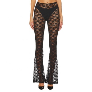 Summer Beach Party Black Sexy Lace Flare Pants <strong>Floral</strong> Lace Mesh Tight Flared Long Pants <strong>Trousers</strong> for Women <strong>Ladies</strong> - Product Image 2