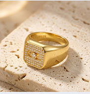 Men's 925 Silver Moissanite <b>Cocktail</b> <b>Ring</b> Round Brilliant Cut Pave Setting 22K <b>Gold</b> Plated Geometric Hiphop Style - Product Image 6