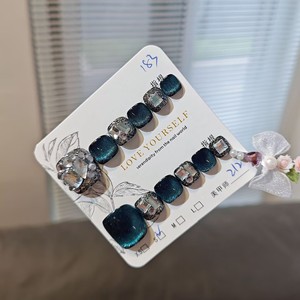 12 <span class=keywords><strong>Uñas</strong></span> Postizas Acrílicas <span class=keywords><strong>Cortas</strong></span>, Cuadradas, Estilo Ojo de Gato, Hechas a Mano, Desmontables, con Pegamento - Product Image 2