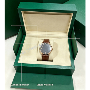 Caja de reloj de piel sintética verde al por mayor, juego completo con interior de terciopelo, embalaje individual para reloj con folleto y etiquetas para boutique de relojes - Product Image 2