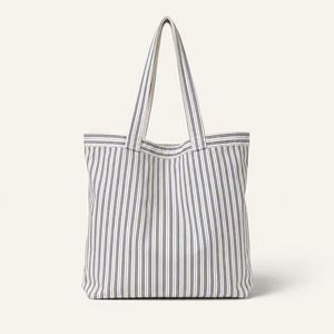 Sac de courses en tissu de coton rayé, grande taille, avec poignée épaule, pour les courses - Product Image 1